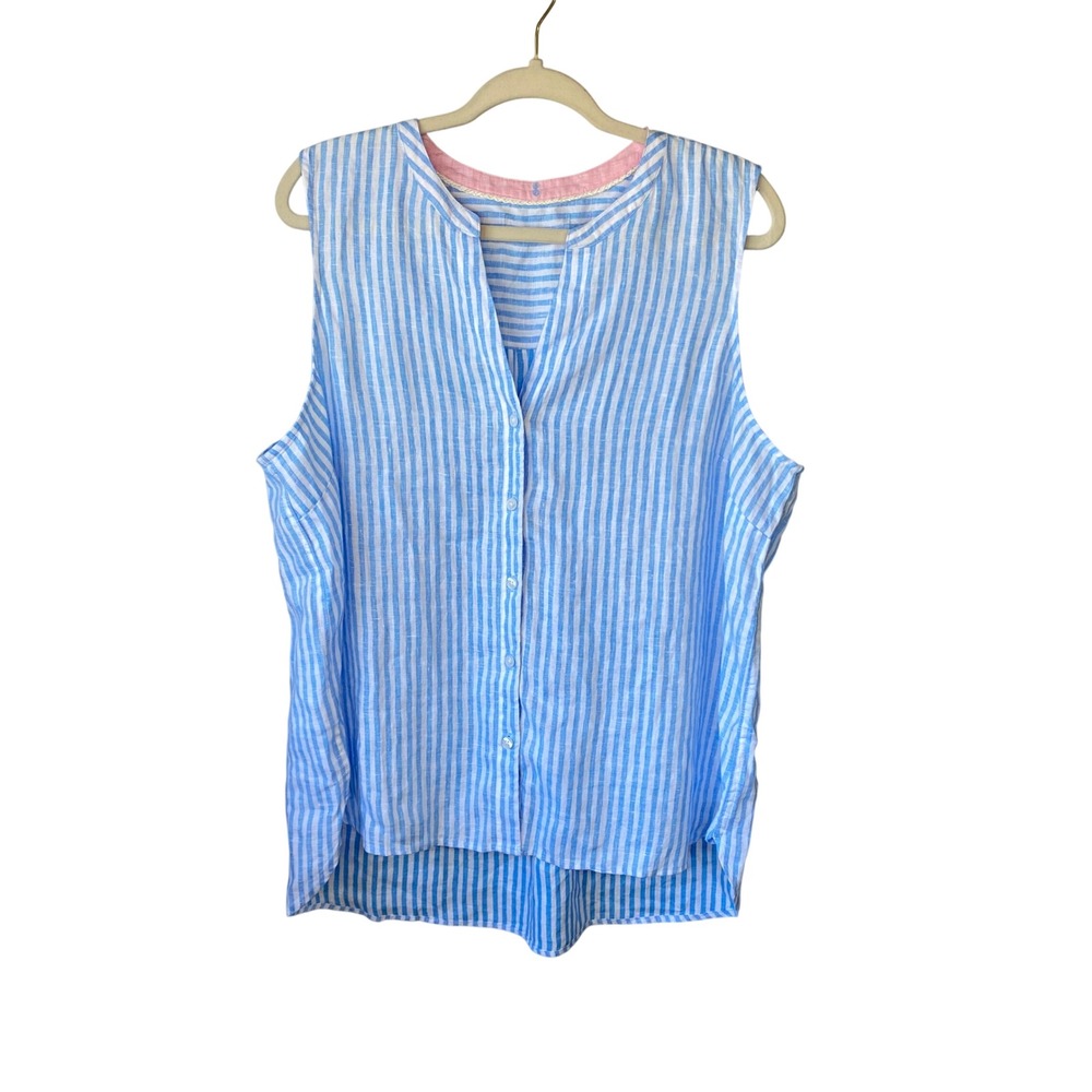 Tommy Bahama Ocean Surf Stripe Linen Glass Bead Blue Sleeveless Button Up Top XL